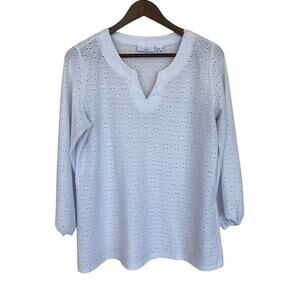 Susan Graver Passport White Eyelet 3/4 Sleeve Blouse Sz Medium